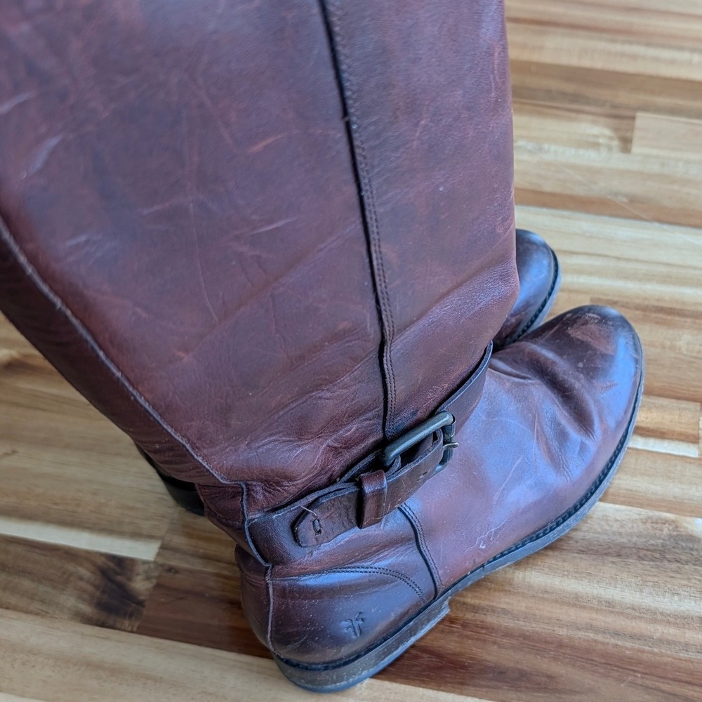 Frye Tall Leather Boots Brown‎ Moto Equestrian Buckle Zip Size 5.5 - Picture 8 of 11